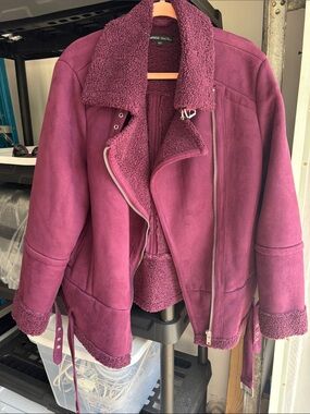 Women's Faux-Shearling Moto Jacket in Berry